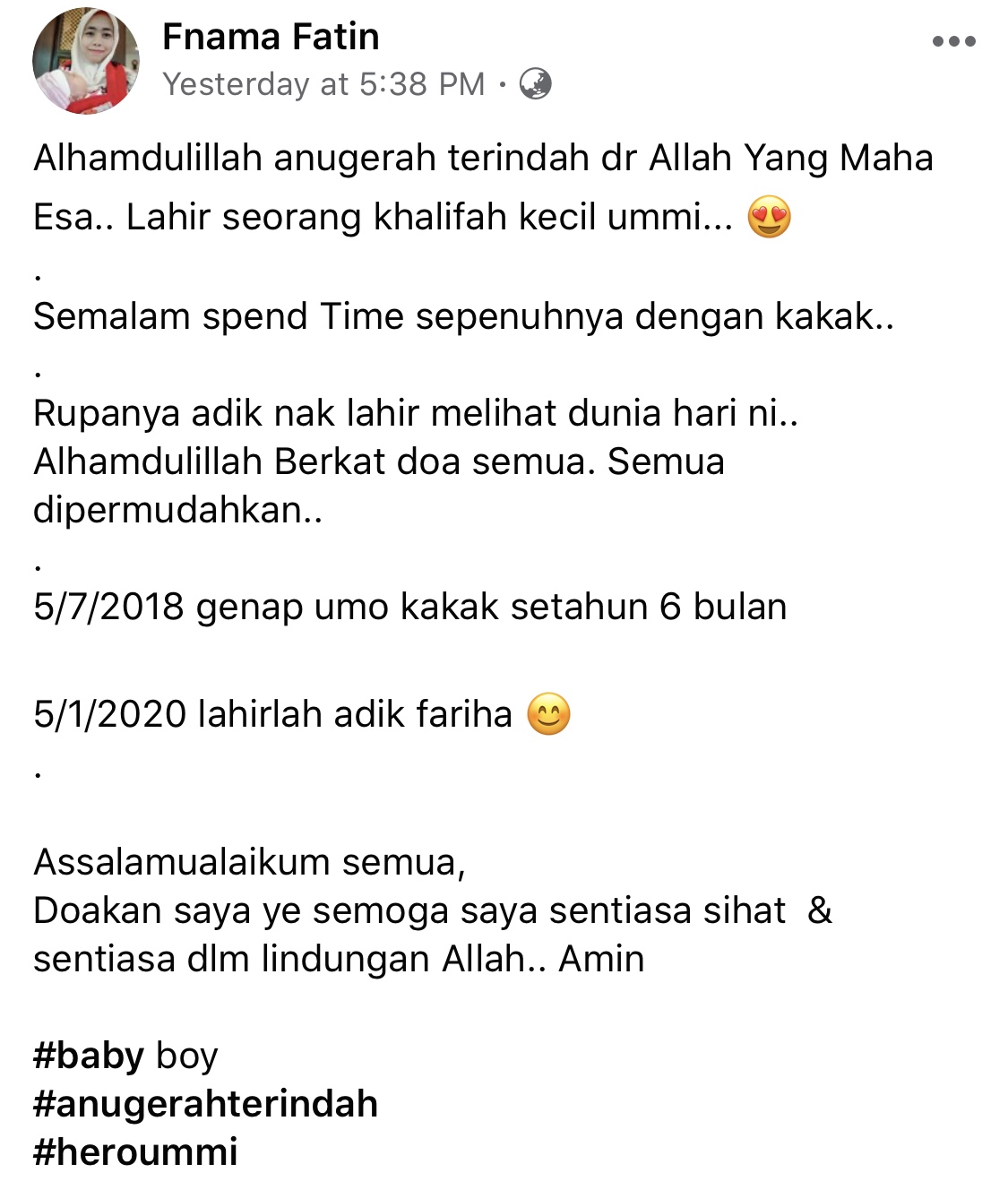 &#8220;Alhamdulillah, Anugerah Terindah,&#8221; &#8211; Bekas Isteri Dai Farhan Selamat Bersalin Bayi Lelaki