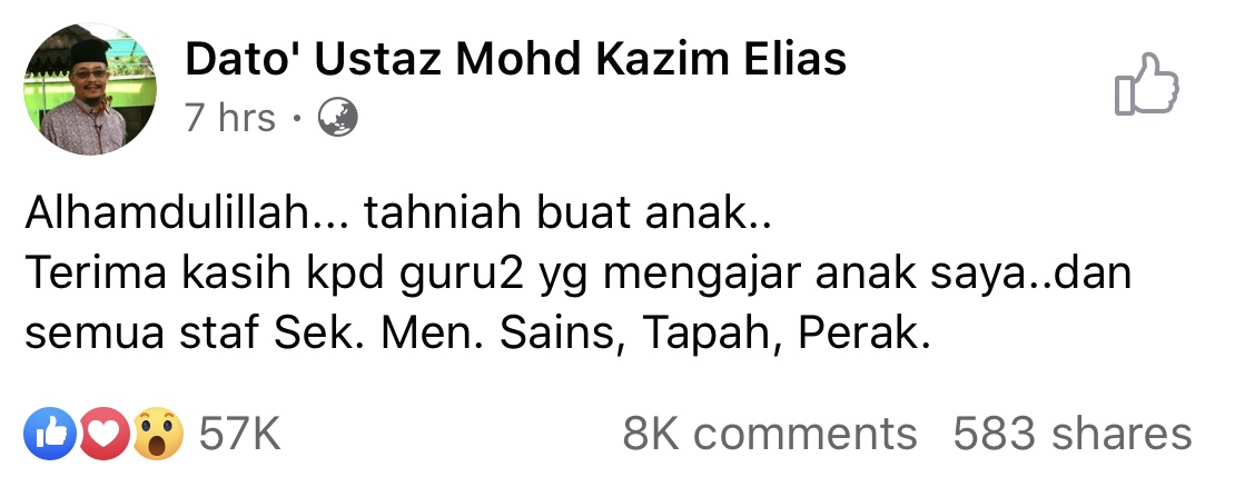 &#8220;Alhamdulillah, Tahniah Buat Anakku,&#8221;- Ustaz Kazim Elias Bangga Anak Gadis Peroleh &#8216;Straight&#8217; A Dalam SPM!