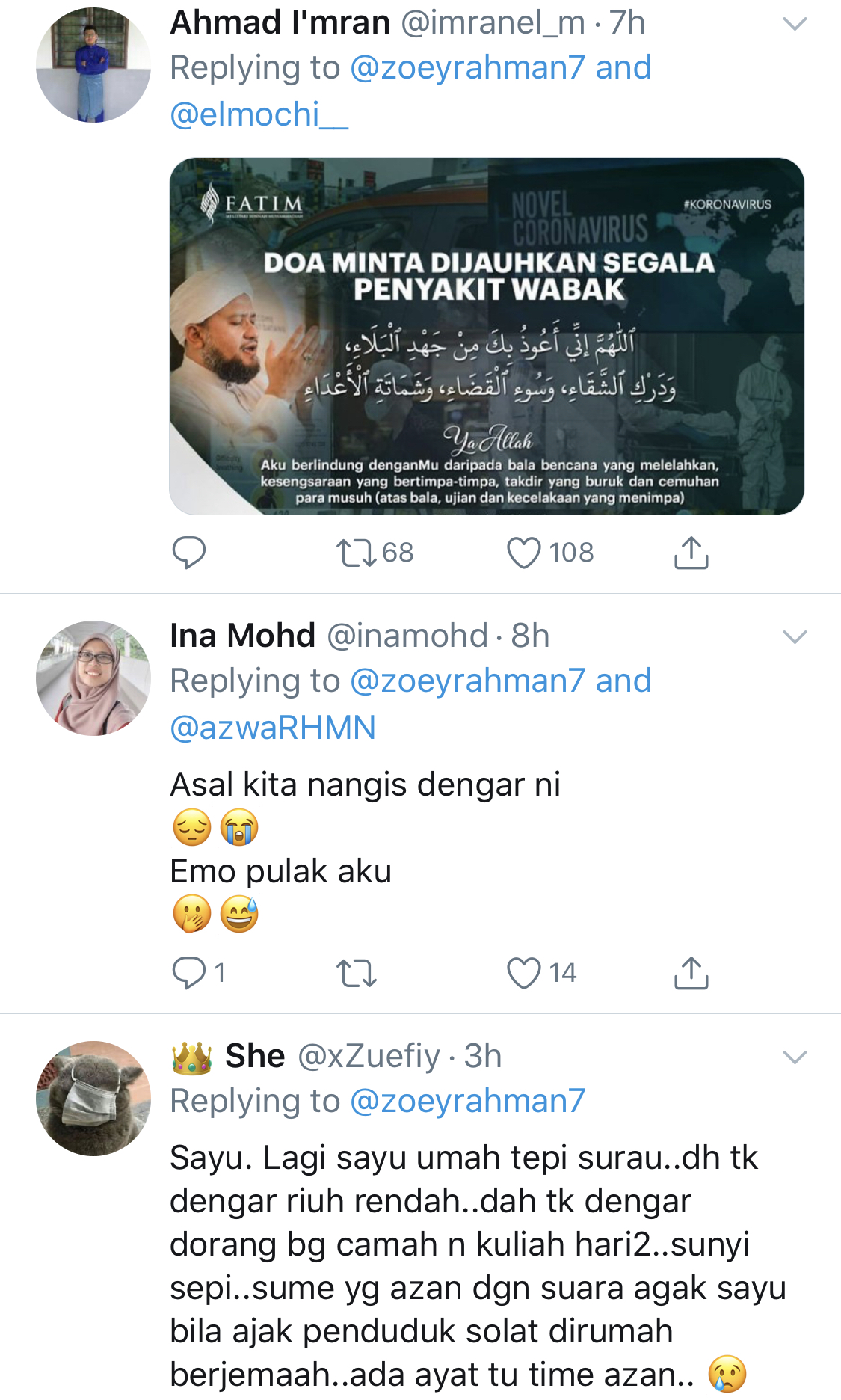 “Angkatlah Wabak Ini&#8230;,”- Pihak Masjid Minta Khariah Solat Jemaah Di Rumah, Perkongsian Zoey Rahman Ini Bikin Hati Netizen Sayu