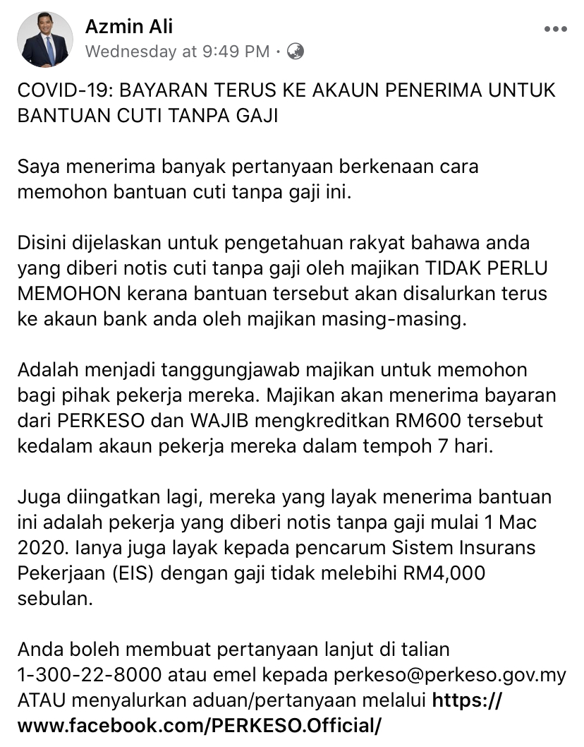 “Mereka Yang Layak Menerima Bantuan Ini Ialah&#8230;,”  &#8211; Pekerja Perlu Tahu Hak! Ini Cara Tuntut RM600 Bantuan Cuti Tanpa Gaji Krisis COVID-19