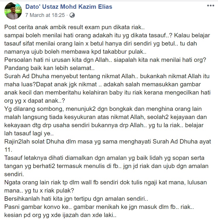 &#8220;Lepas Ni Gambar Konvo, Menikah Jangan Masuk FB. Riak!,&#8221;- Kongsi Foto Anak Ambil Result SPM, Ustaz Kazim Elias Kata Jangan Cepat Menilai Seseorang!