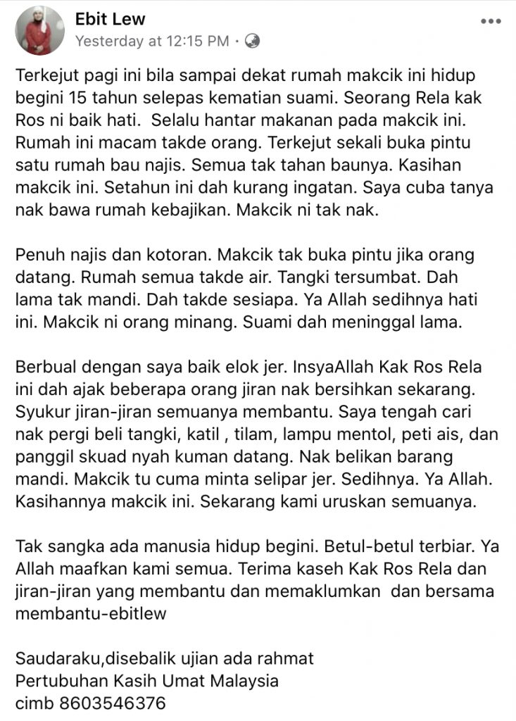 “Buka Pintu Satu Rumah Bau Najis, Semua Tak Tahan Baunya. Kasihan Makcik Ini,” – Ebit Lew Teruskan Misi Murni, Bantu Warga Emas