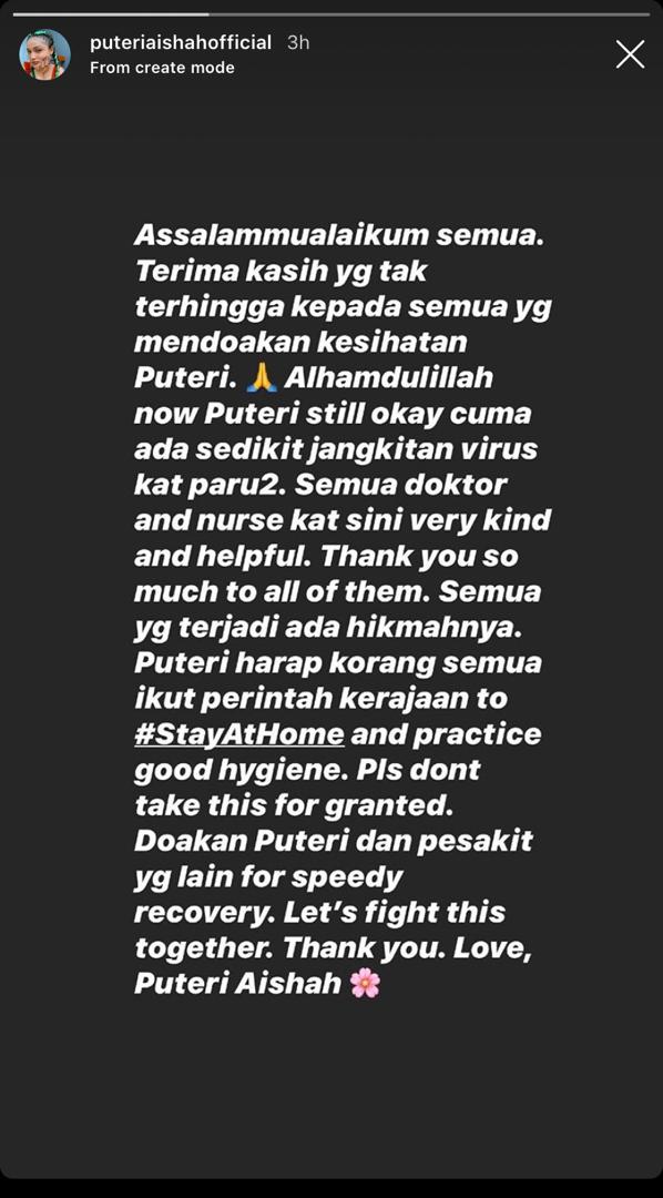 “Cuma Ada Sedikit Jangkitan Virus Dekat Paru-Paru,” – Positif COVID-19, Puteri Aishah Kongsi Kadaan Terkini