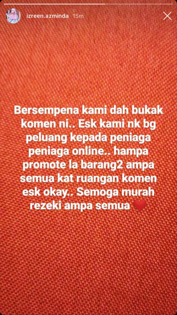 “Semoga Murah Rezeki Ampa Semua,”- Izreen Azminda Buka Akses Komen, Buka Ruang Bantu Peniaga Online