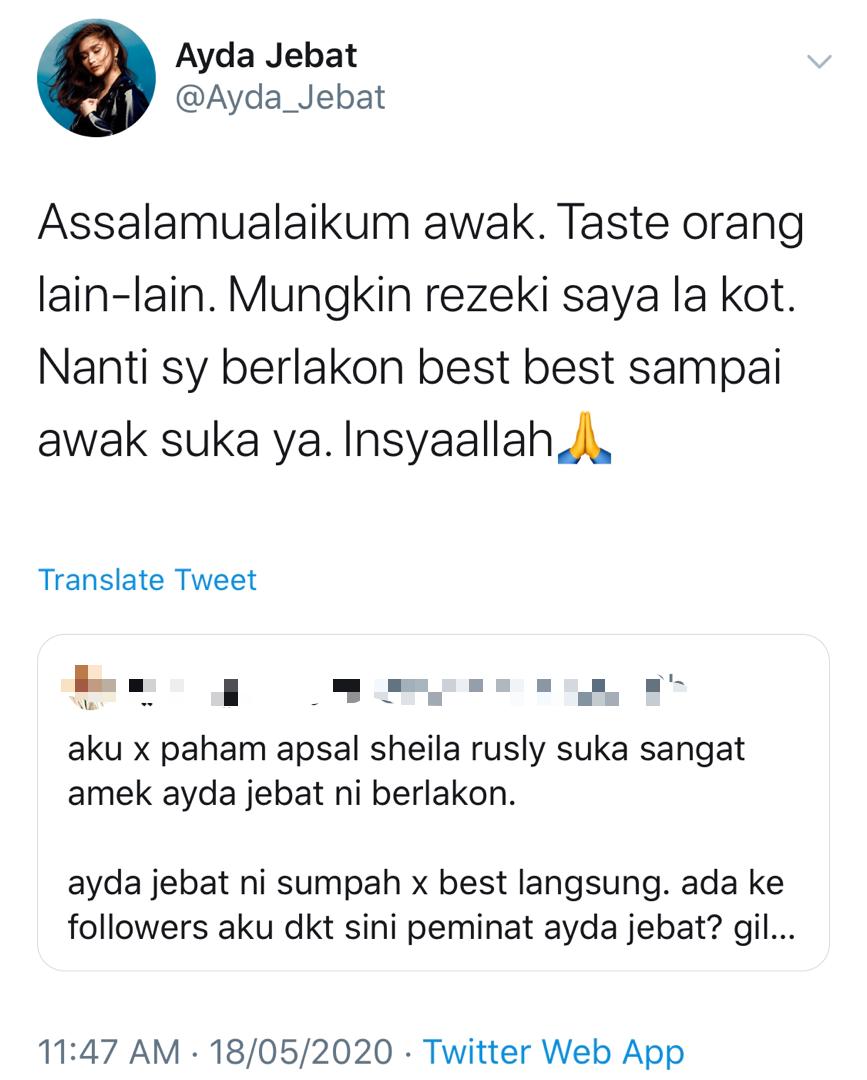 &#8220;Nanti Saya Berlakon Best-Best Sampai Awak Suka,&#8221; &#8211; Individu Ini Persoal Pemilihan Shiela Rusly, Ini Respon &#8216;Makan Dalam&#8217; Ayda Jebat