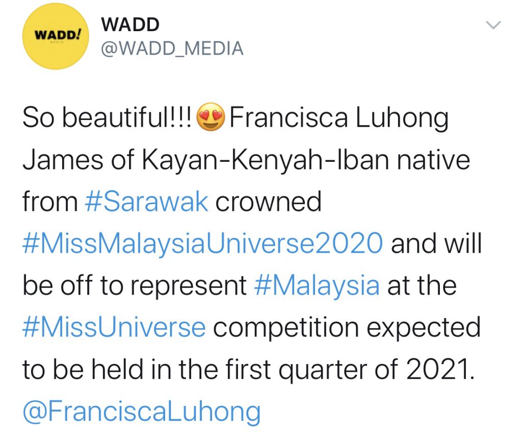 Francisca Luhong James, Jelitawan Sarawak Dinobat Miss Universe Malaysia 2020