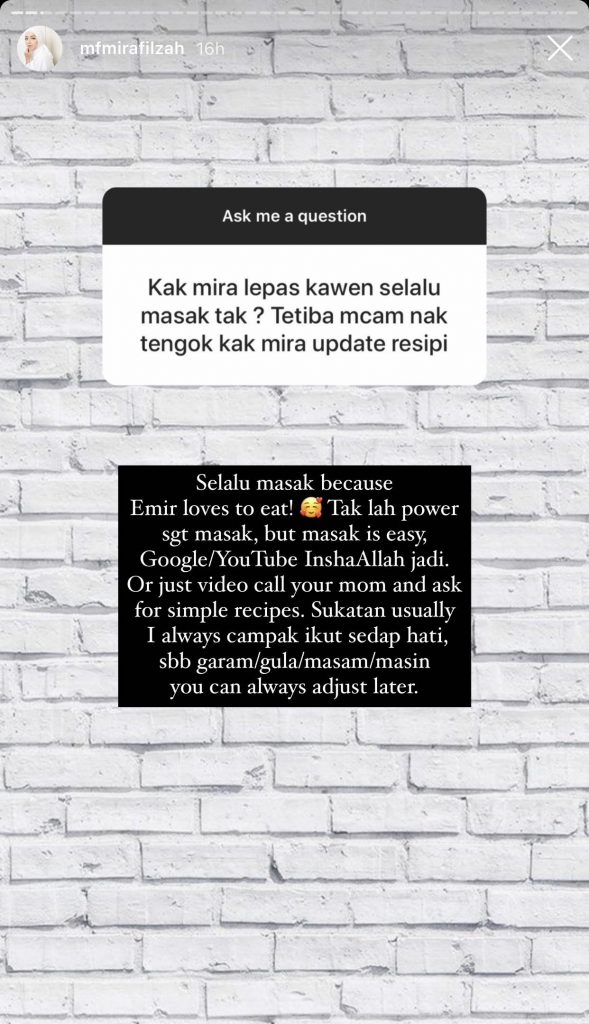 “Selalu Masak Sebab Emir Suka Makan!,” – Mira Filzah