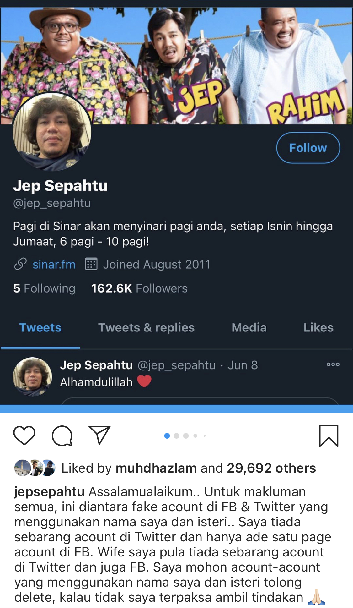 “Kalau Surat Dah Sampai, Maaf Jelah Ye,” – Cipta Akaun Palsu Di FB & Twitter, Jep Sepahtu Mahu Ambil Tindakan Kepada…