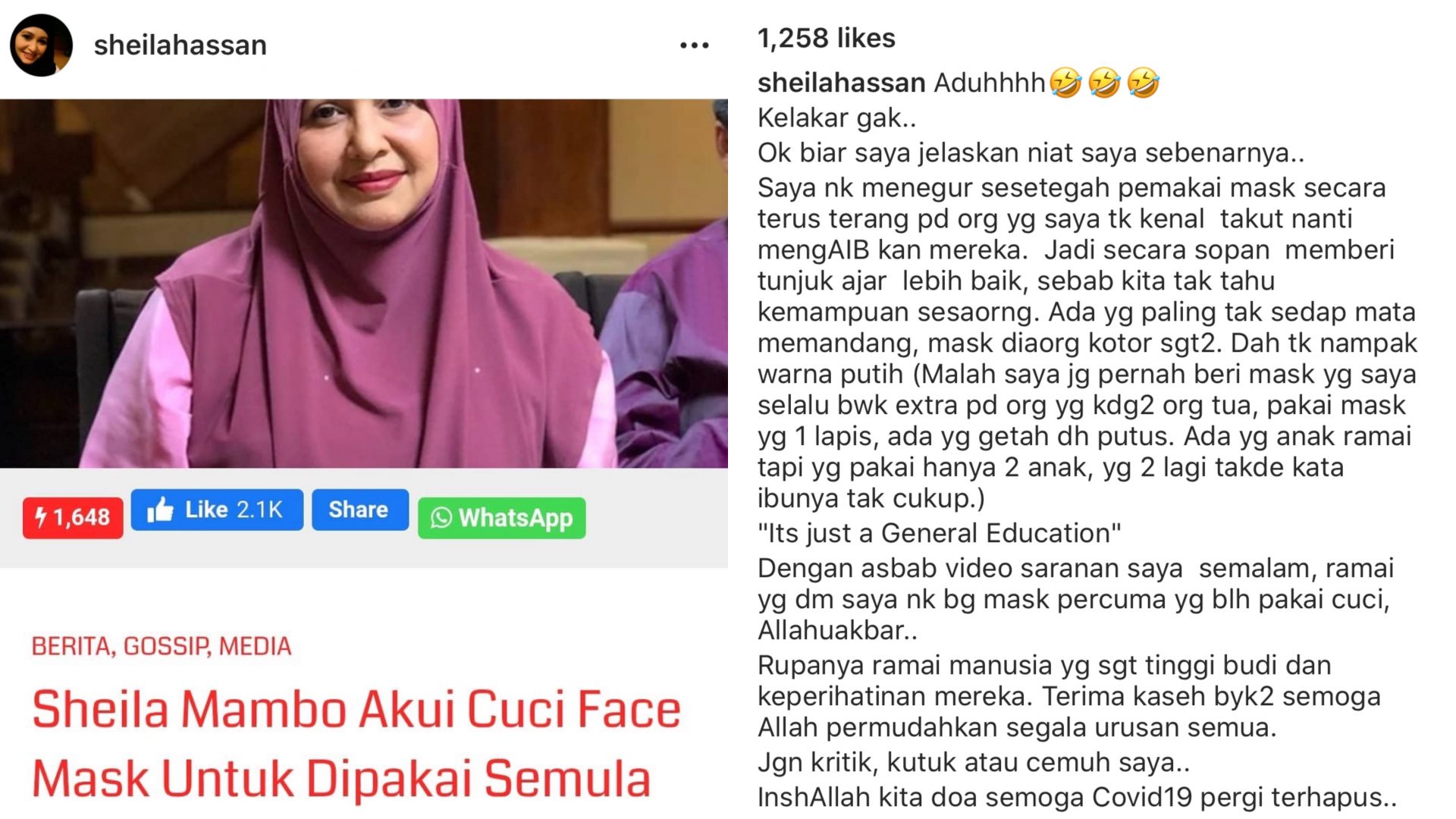 “It’s Just A General Education,” – Dikritik Gara-Gara Kongsi Video Cuci Semula Topeng Muka, Ini Penjelasan Sheila Mambo