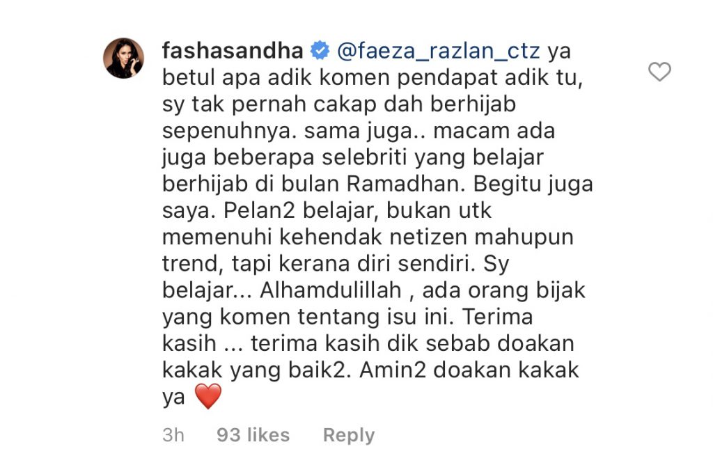 “Saya Tak Pernah Cakap Dah Berhijab Sepenuhnya,” – Fasha Sandha Masih Belajar