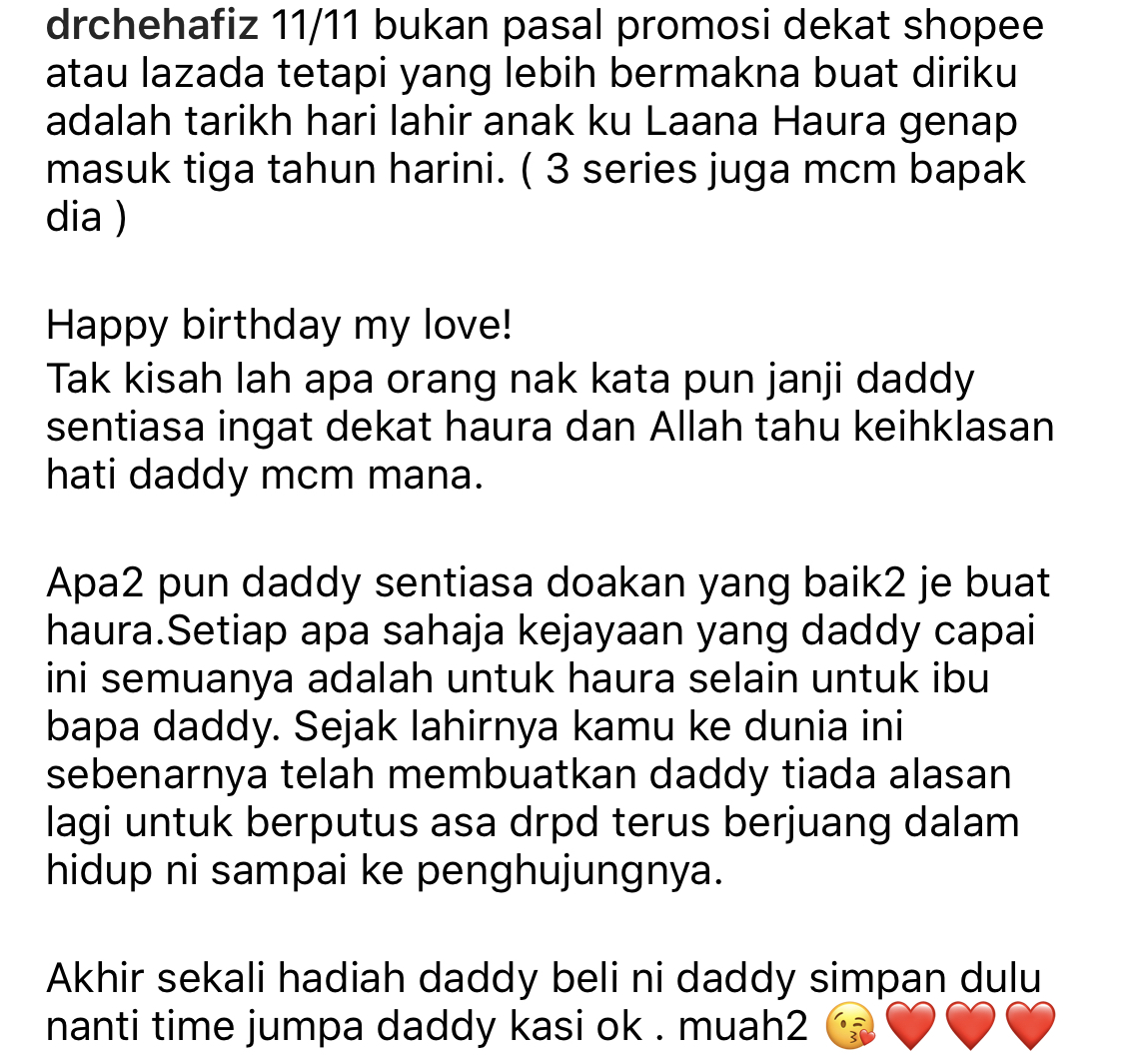 Enggan Peduli Tanggapan Orang Lain, Dr. Che Hafiz Titip Ucapan Hari Lahir Buat Anak &#8211; “Hadiah Time Jumpa Daddy Kasi.”