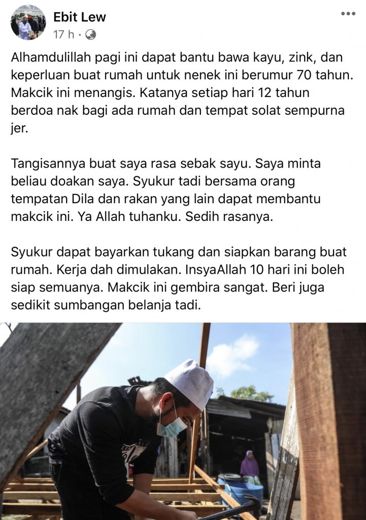 “Makcik Ini Menangis, Katanya Setiap Hari 12 Tahun Berdoa Nak Bagi Ada Rumah&#8230;,” &#8211; Ebit Lew Usaha Bina Rumah Nenek 70 Tahun