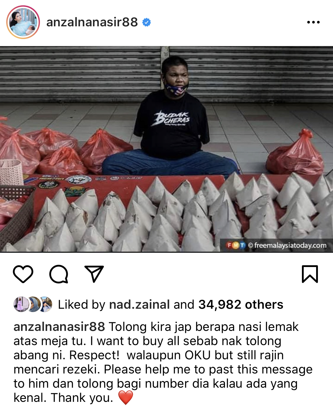 “Tolong Kira Jap Berapa Nasi Lemak Atas Meja Tu,” &#8211; Tetap Usaha Walau Kudung, Anzalna Nasir Borong Habis Nasi Lemak Dari Peniaga OKU