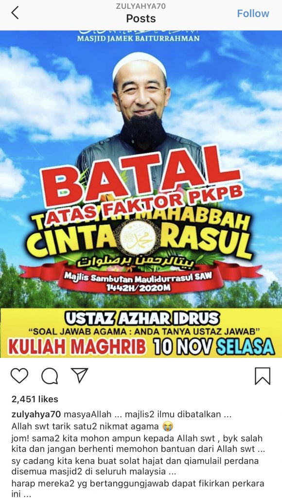 “Sama-Sama Kita Mohon Ampun Kepada Allah,”- Majliz Ilmu Dibatalkan Kerana PKPB, Zul Yahya Saran Buat Solat Hajat Perdana