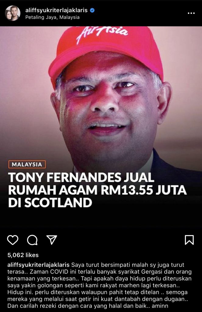 “Bersimpati Malah Turut Terasa,” &#8211; Terkesan Laporan Tan Sri Tony Fernandes Jual Rumah Agam RM13.55 Juta, Datuk Seri Aliff Syukri Luah Rasa