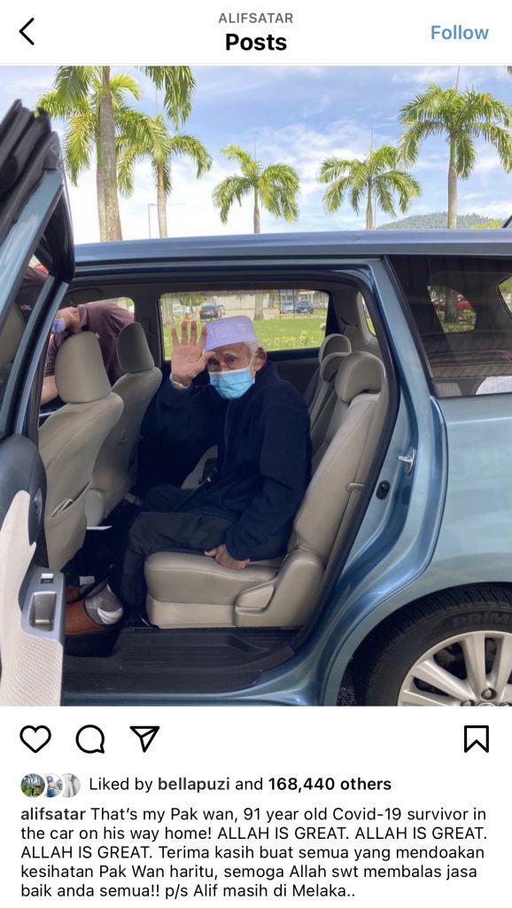 “Terima Kasih Buat Semua Yang Mendoakan…,” – Berumur 91 Tahun, Datuk Alif Satar Sudah Bebas Covid-19