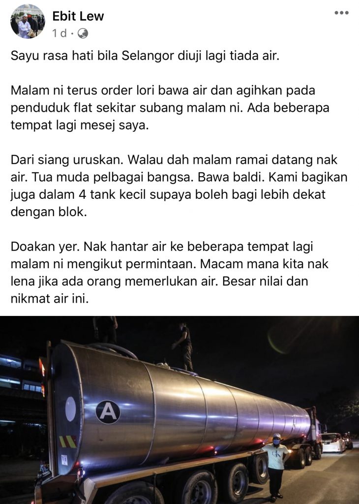 “Sayu Rasa Hati Bila Selangor Diuji Lagi Tiada Air,” – Tua Muda Pelbagai Bangsa Turun, Ebit Lew Sediakan Lori Tangki Air