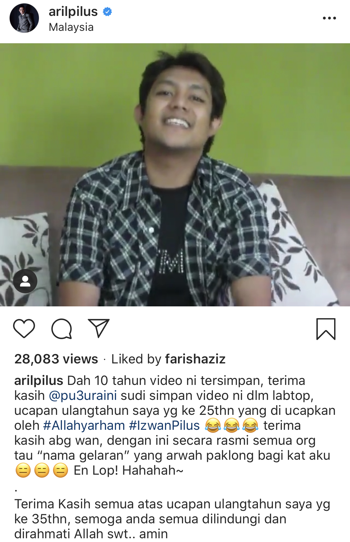 “Dah 10 Tahun Video Ni Tersimpan,”- Sambut Ulang Tahun Ke-35, Aril Pilus Dengar Semula Ucapan Arwah Abang, Izwan Pilus