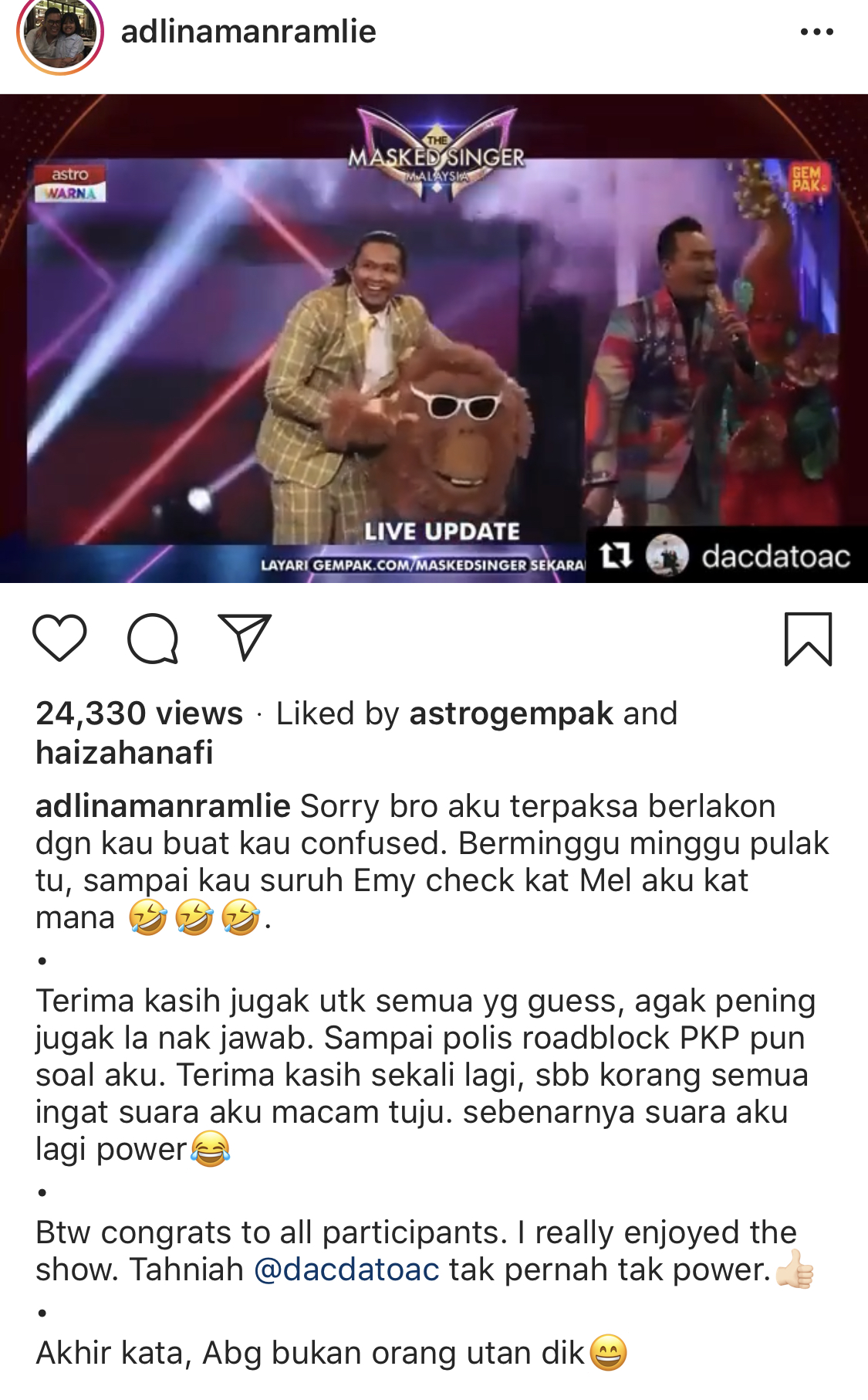 Disangka Individu Di Balik Topeng Orang Utan, Adlin Aman Ramlie Jawab Pertanyaan Ramai – “Korang Semua Ingat Suara Aku Macam Tuju, Sebenarnya…”