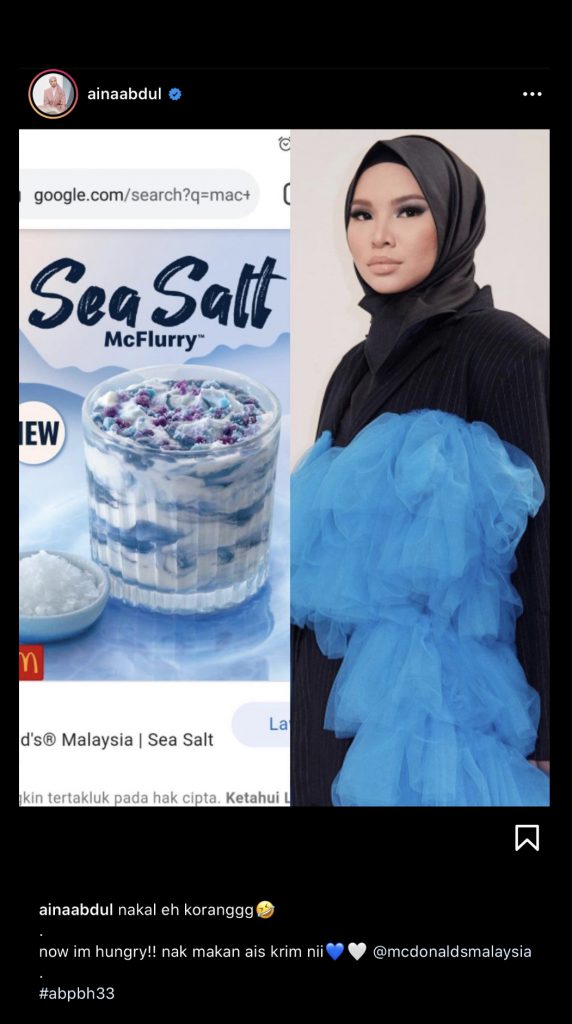 “Nakal Eh Korang,” &#8211; Baju Biru Hitam Aina Abdul Malam Tadi Disamakan Dengan Sea Salt McFlurry!