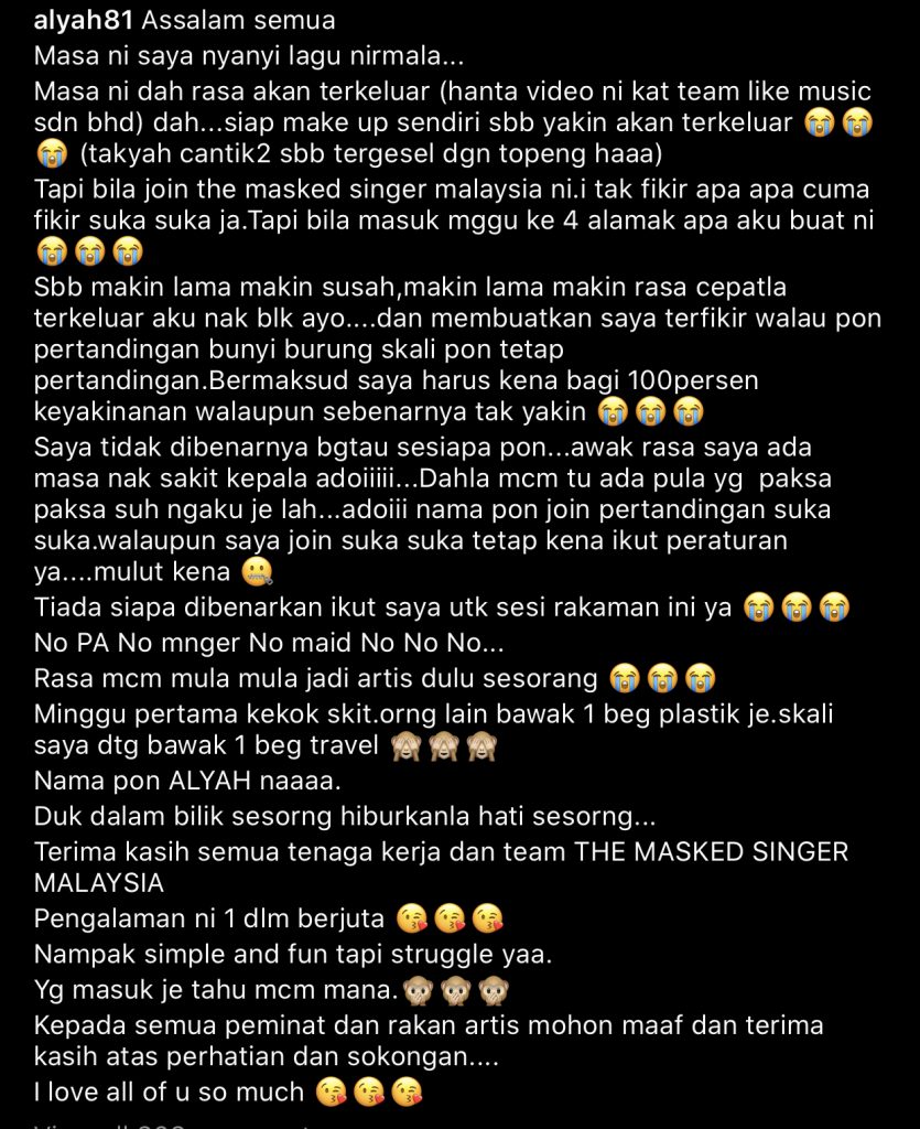 “Masa Ni Nyanyi Lagu Nirmala, Dah Rasa Akan Terkeluar,” – Di Sebalik Topeng Wau, Datin Alyah Bagi 100 Peratus Keyakinan