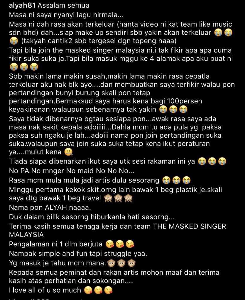 “Masa Ni Nyanyi Lagu Nirmala, Dah Rasa Akan Terkeluar,” &#8211; Di Sebalik Topeng Wau, Datin Alyah Bagi 100 Peratus Keyakinan