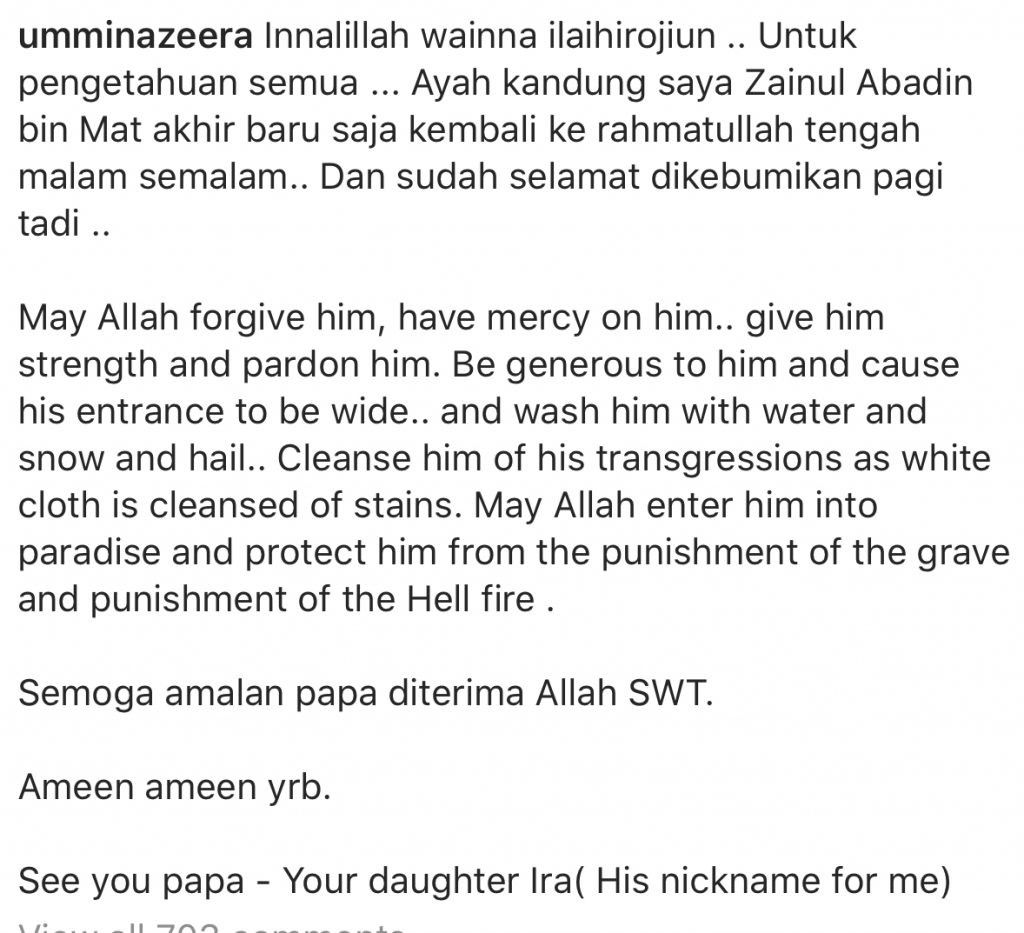 “Untuk Pengetahuan, Ayah Kandung Saya Baru Saja Kembali Ke Rahmatullah,” – Bapa Ummi Nazeera Telah Pergi Mengadap Illahi Semalam
