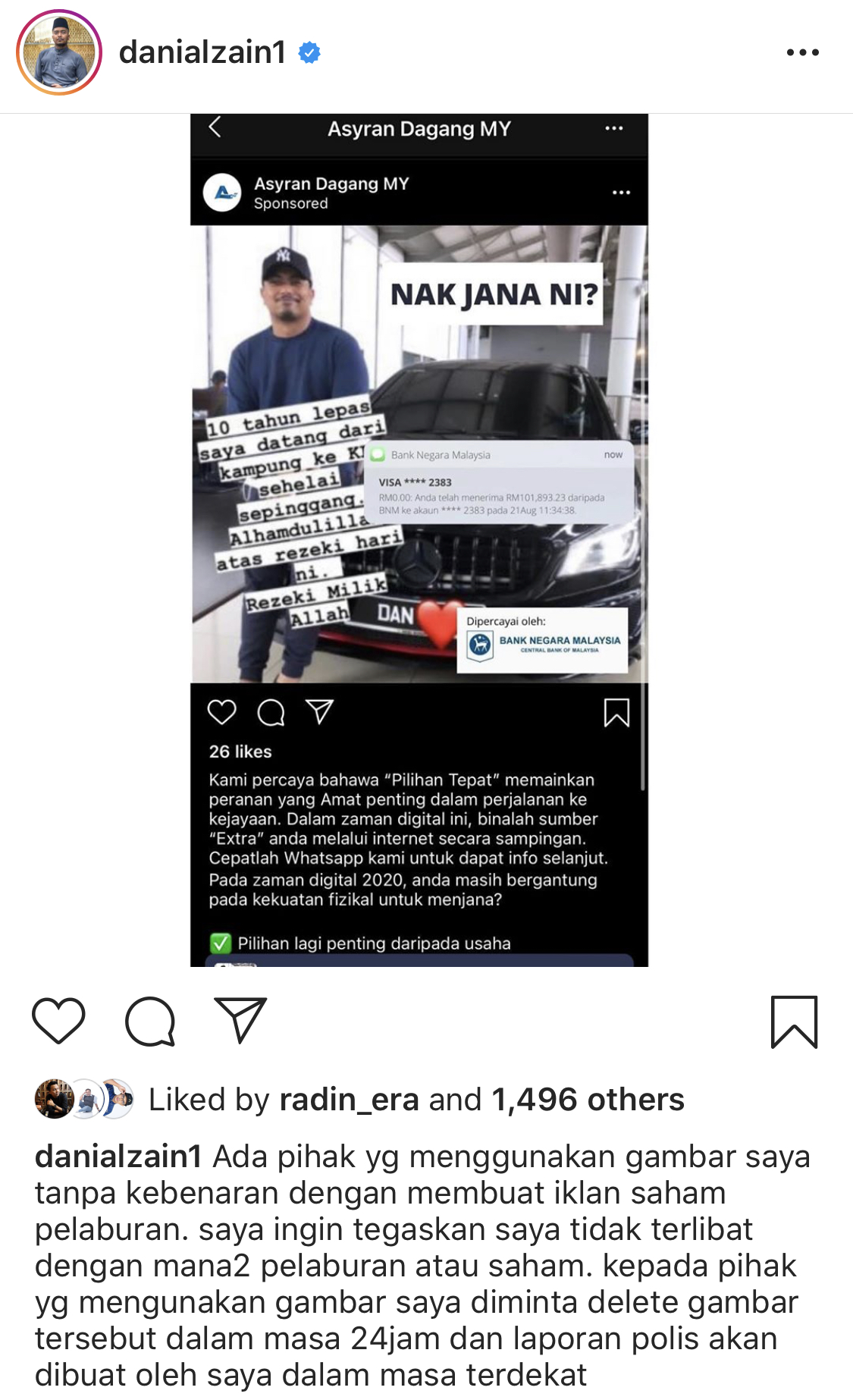 “Cukup-Cukuplah Tipu Orang,” – Nama & Gambar Diperguna Sendiket Pelaburan Haram, Danial Zaini Tekad Report Polis!