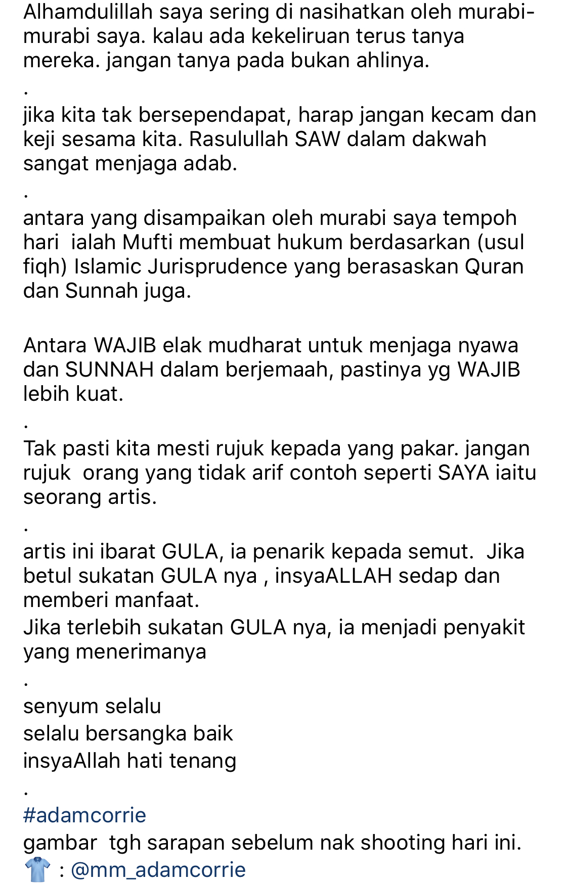 “Banyak Pandangan Hingga Mengelirukan,” – Hormati Keputusan Mufti, Adam Corrie Beri Respon Tentang SOP Solat Jemaah