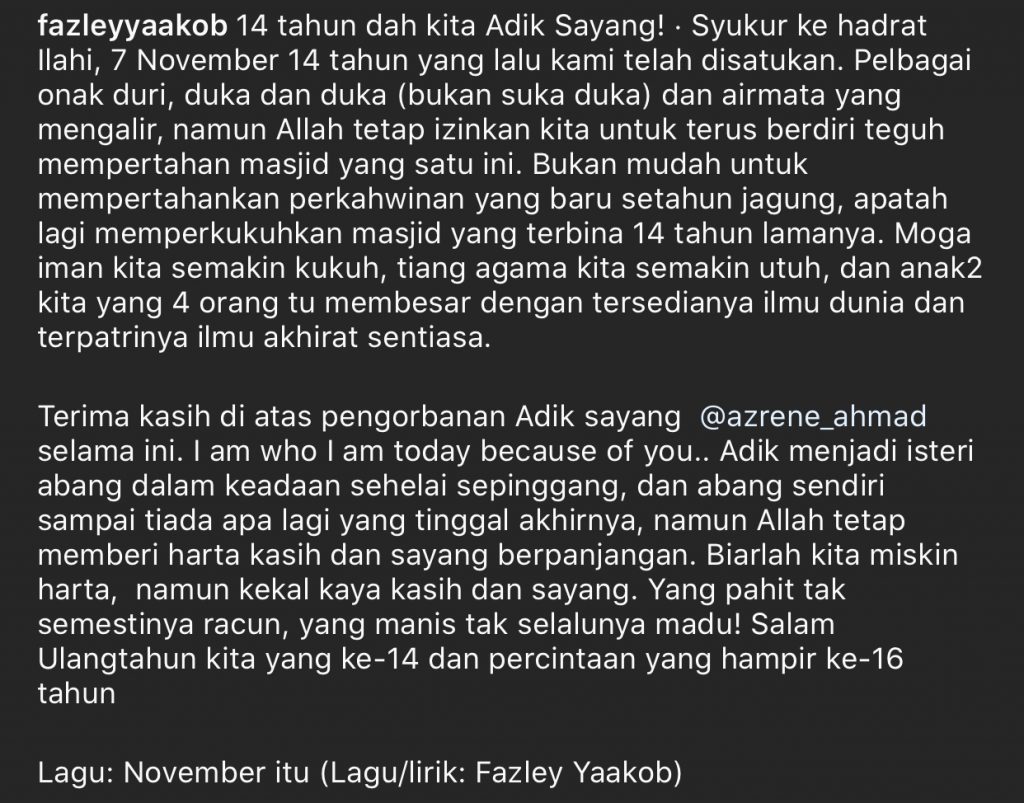 “Adik Menjadi Isteri Abang Dalam Keadaan Sehelai Sepinggang Dan&#8230;,” &#8211; 14 Tahun Yang Harmoni, Indahnya Pujian Fazley Yaakob Buat Isteri