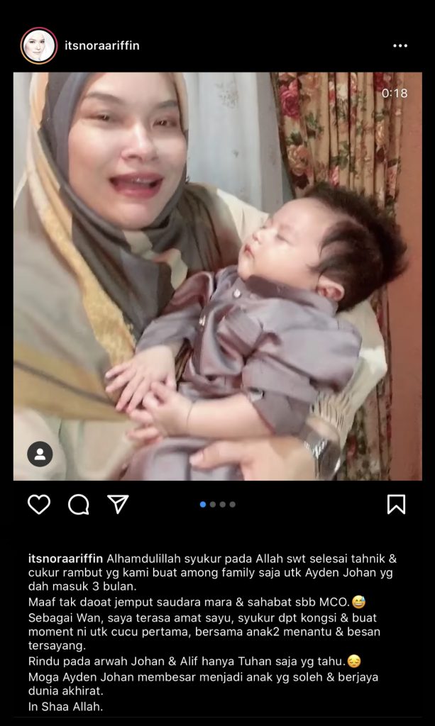 Nora Ariffin Gembira Dalam Syukur Majlis Tahnik Cucu Pertama Selesai – “Maaf Tak Dapat Jemput Saudara & Sahabat Sebab MCO