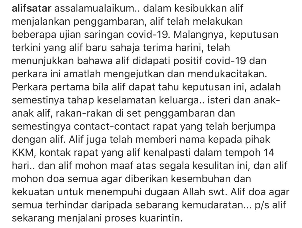 “Telah Beri Nama Kepada KKM, Kontak Rapat Yang Dikenal Pasti Dalam Tempoh 14 Hari,” – Alif Satar Positif Covid-19
