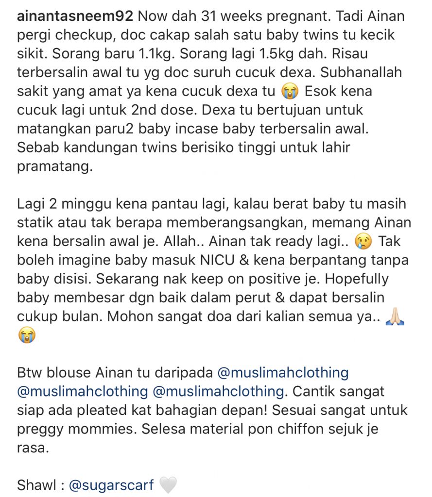 “Doktor Cakap Salah Satu Bayi Kembar Kecil Sikit. Seorang Baru 1.1Kg, Seorang Lagi 1.5Kg,” &#8211; Ainan Tasneem Risau Bersalin Awal, Mahu Positif