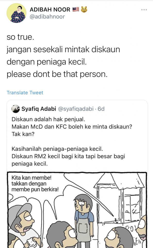 “Jangan Sesekali Mintak Diskaun Dengan Peniaga Kecil,” – Pendapat Adibah Noor