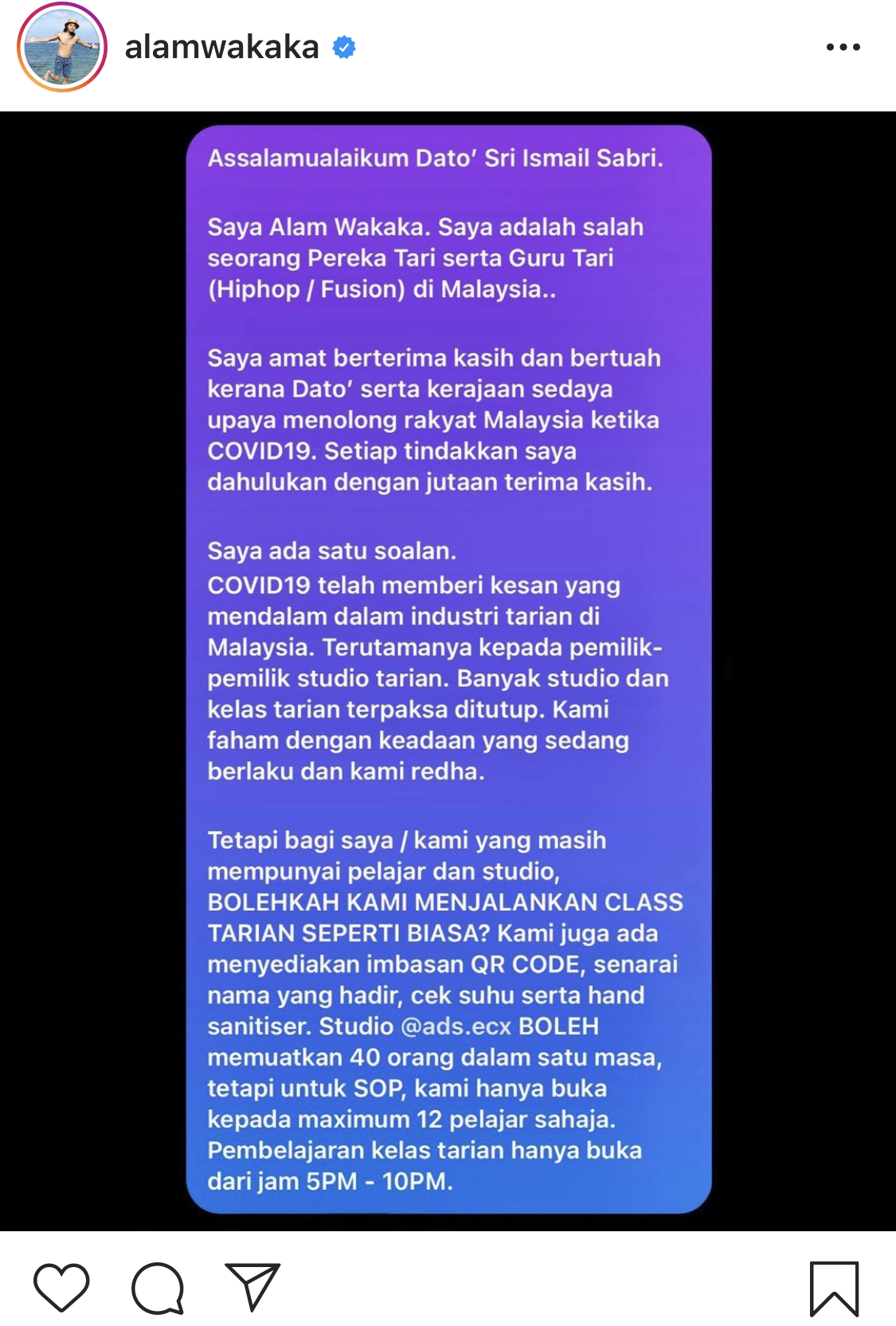 “Kami Faham & Redha Tapi…,”- Banyak Studio Ditutup, Alam Wakaka Minta Kerajaan Pertimbang Cadangan Benarkan Aktiviti Kelas Tarian