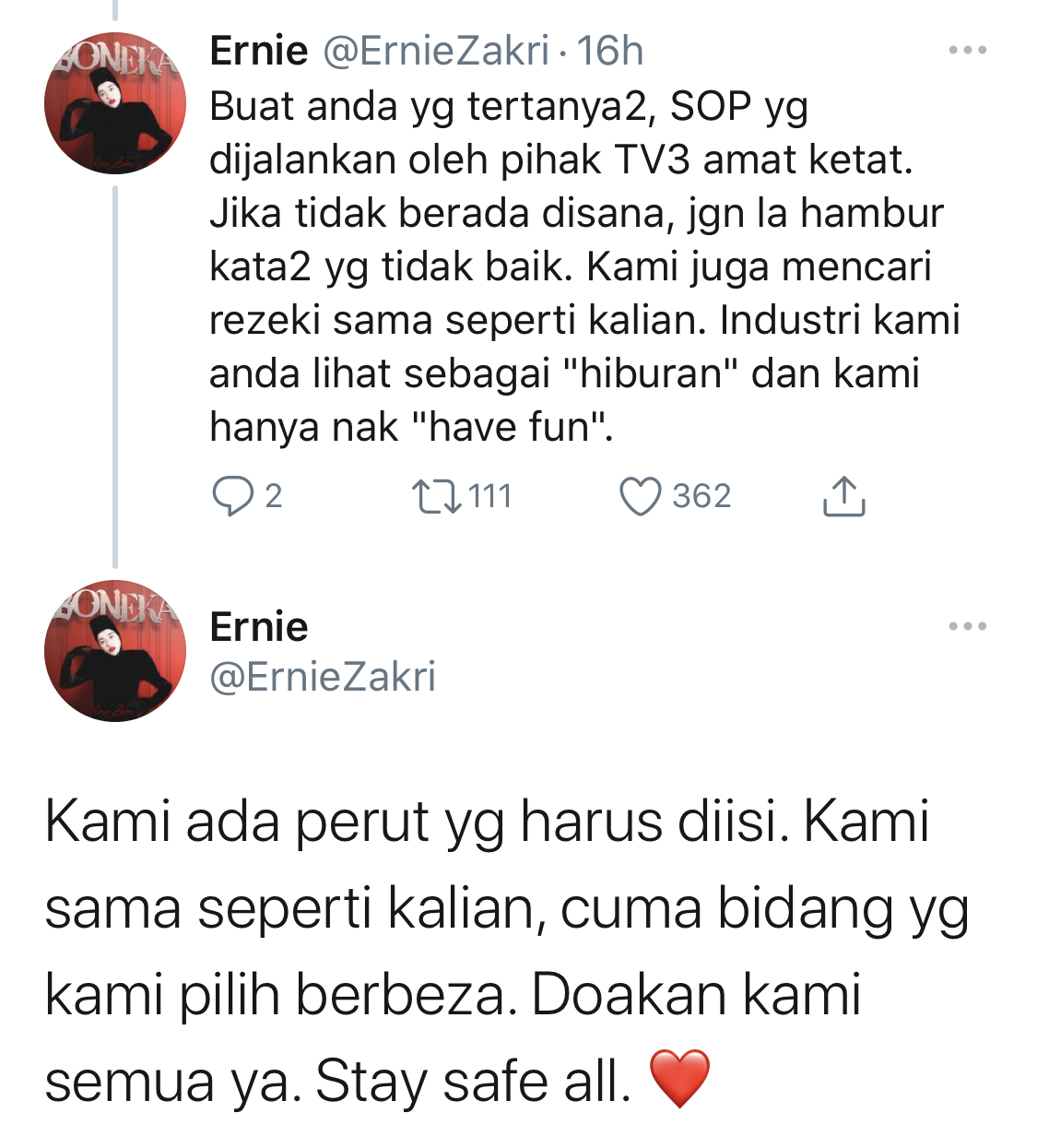 “Kami Ada Perut Harus Diisi, Sama Seperti Kalian,” – Ada Tuduh Artis Hanya Nak ‘Have Fun’, Ernie Zakri Minta Henti Hembur Kata Kecaman