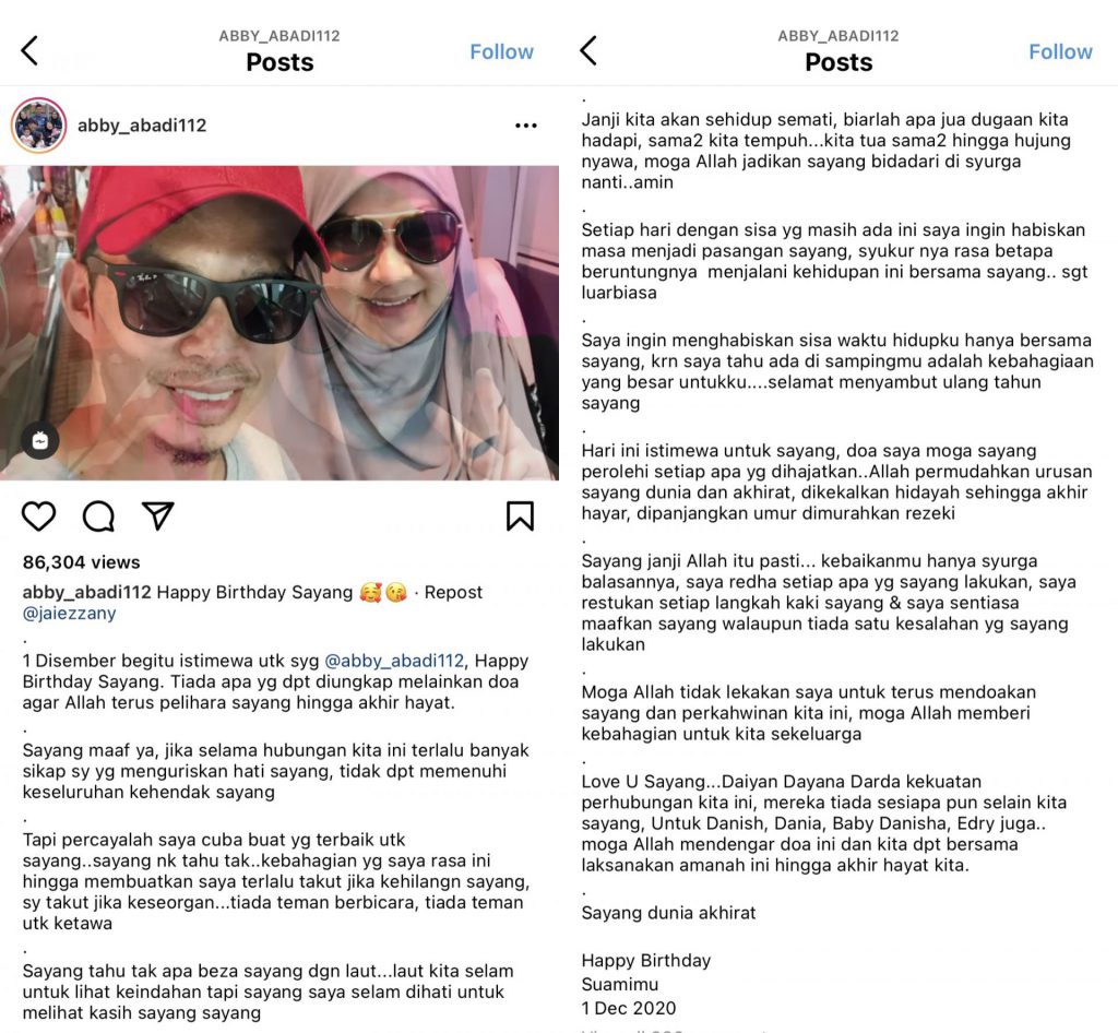 “Setiap Hari Dengan Sisa Yang Masih Ada Ini…,” – Mahu Sehidup Semati Berdua, Tertibnya Ucapan Suami Buat Abby Abadi