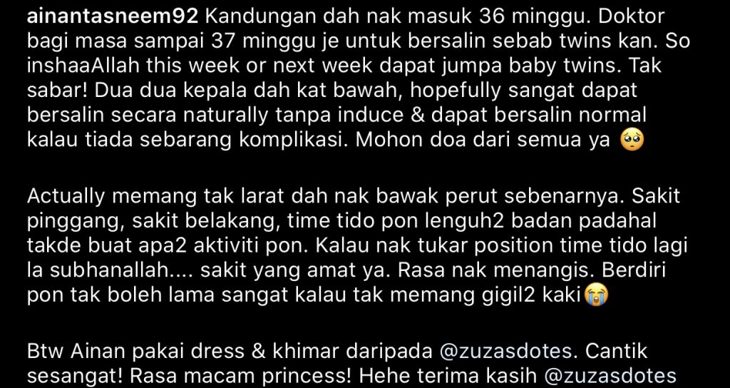 “Dua-Dua Kepala Dah Kat Bawah, Harap Dapat Bersalin Normal,” – Kandungan Masuk Minggu Ke-36, Ainan Tasneem Hitung Hari Lahirkan Bayi Kembar