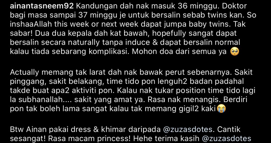 “Dua-Dua Kepala Dah Kat Bawah, Harap Dapat Bersalin Normal,” &#8211; Kandungan Masuk Minggu Ke-36, Ainan Tasneem Hitung Hari Lahirkan Bayi Kembar