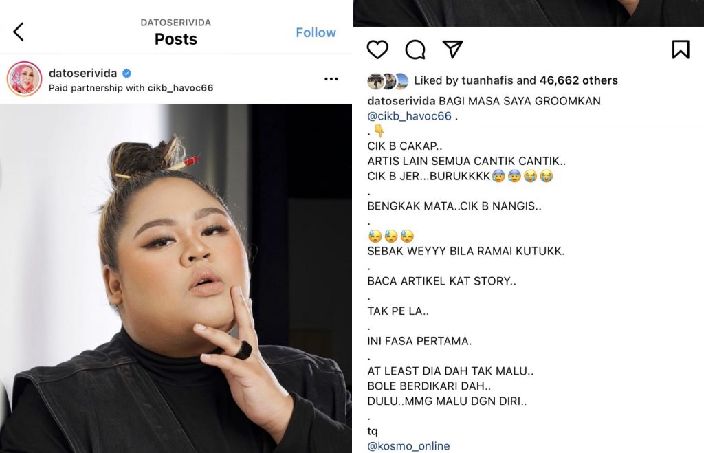 “Bengkak Mata Nangis, Sebak Bila Ramai Kutuk,” &#8211; Cakap Artis Lain Cantik Dan Dia Buruk, Datuk Seri Vida Minta Bagi Masa ‘Groom’ Cik B