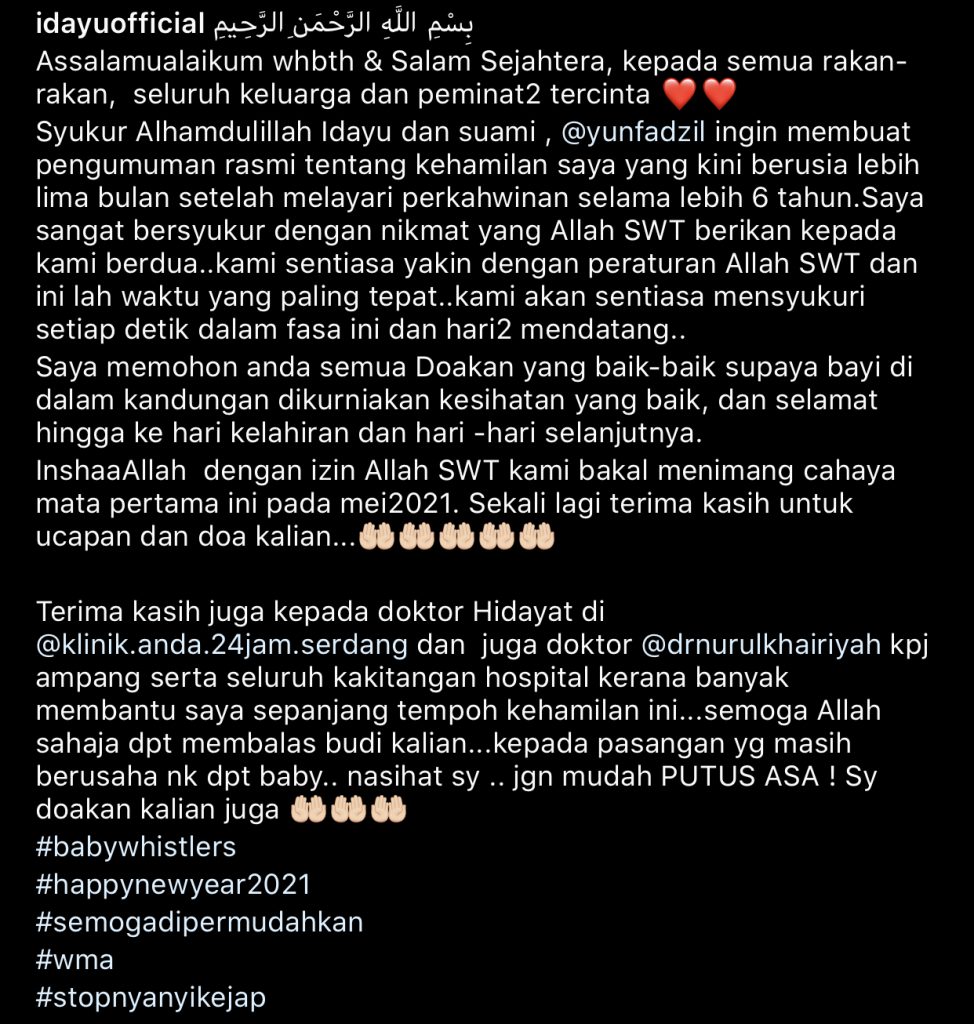 Tahniah! 6 Tahun Kahwin, Idayu Sahkan Hamil 5 Bulan  “Kami Sentiasa Yakin dengan Peraturan Allah dan…”