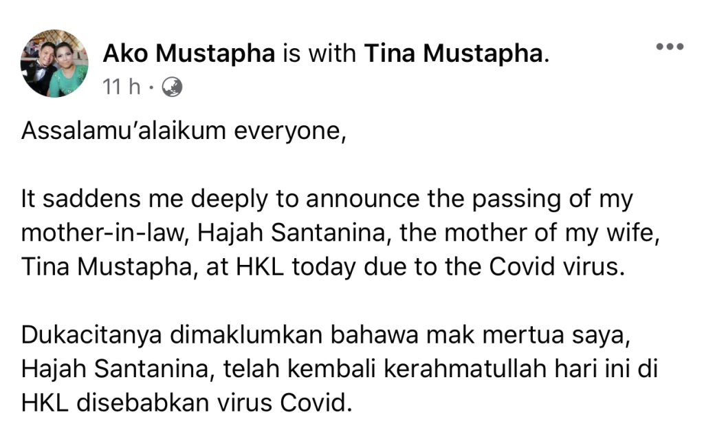 Al-Fatihah&#8230; Ibu Mentua Ako Mustapha Meninggal Dunia Akibat Covid-19