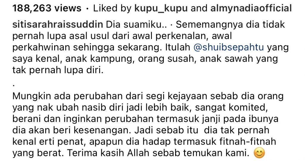 Jelaskan Suami Tak Pernah Lupa Asal Usul, Siti Sarah Syukur Nikmat Dipertemukan Jodoh Dengan Shuib