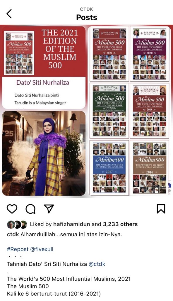 Siti Nurhaliza Tersenarai Dalam 500 Individu Islam Terpengaruh Dunia Buat Kali Keenam