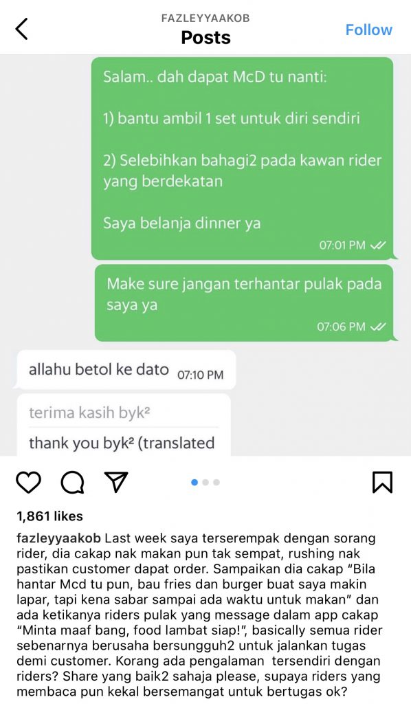 Datuk Fazley Kongsi Pengalaman Dengan Penghantar Makanan, Tanya Peminat Di Instagram &#8211; “Share Yang Baik-Baik Saja, Supaya Riders Yang Baca Pun Kekal Bersemangat.”