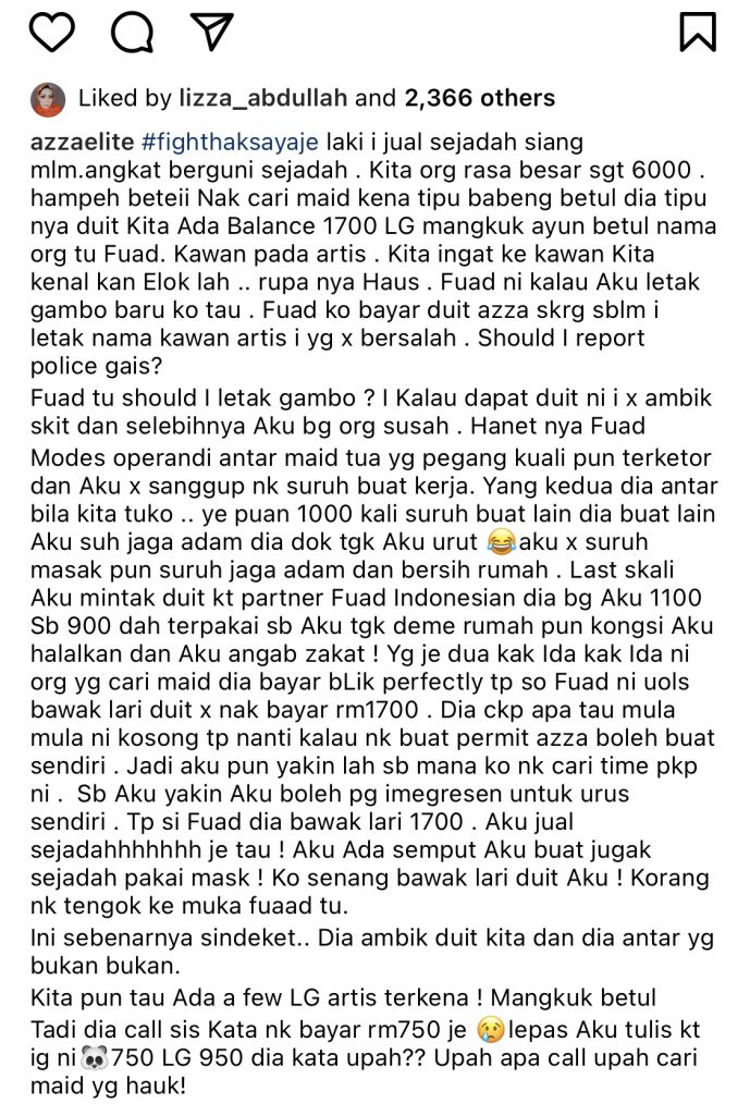 “Ko Senang Bawak Lari Duit Aku!,”  &#8211; Sindiket Penipuan Orang Gaji, Azza Turut Menjadi Mangsa!