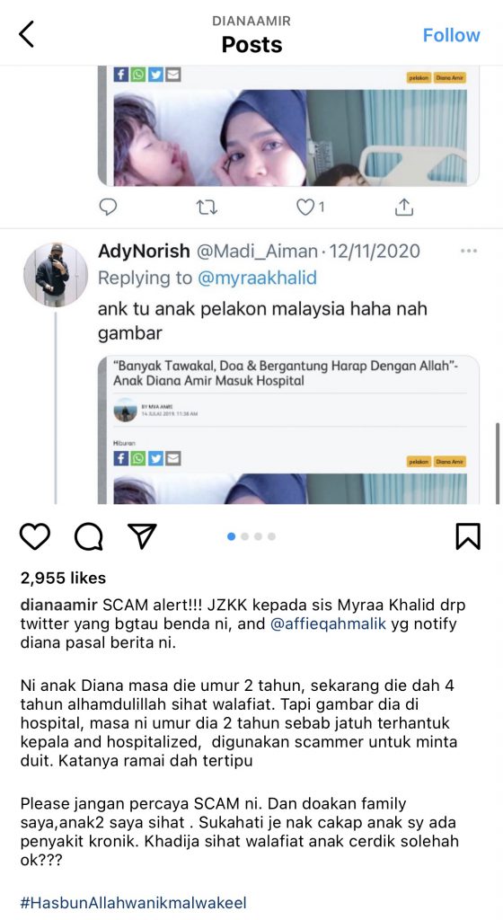 “Gambar Dia Di Hospital, Jatuh Terhantuk Kepala&#8230;,” &#8211; Foto Anak Diana Amir Diguna Penipuan Scammer, Tolong Jangan Percaya!