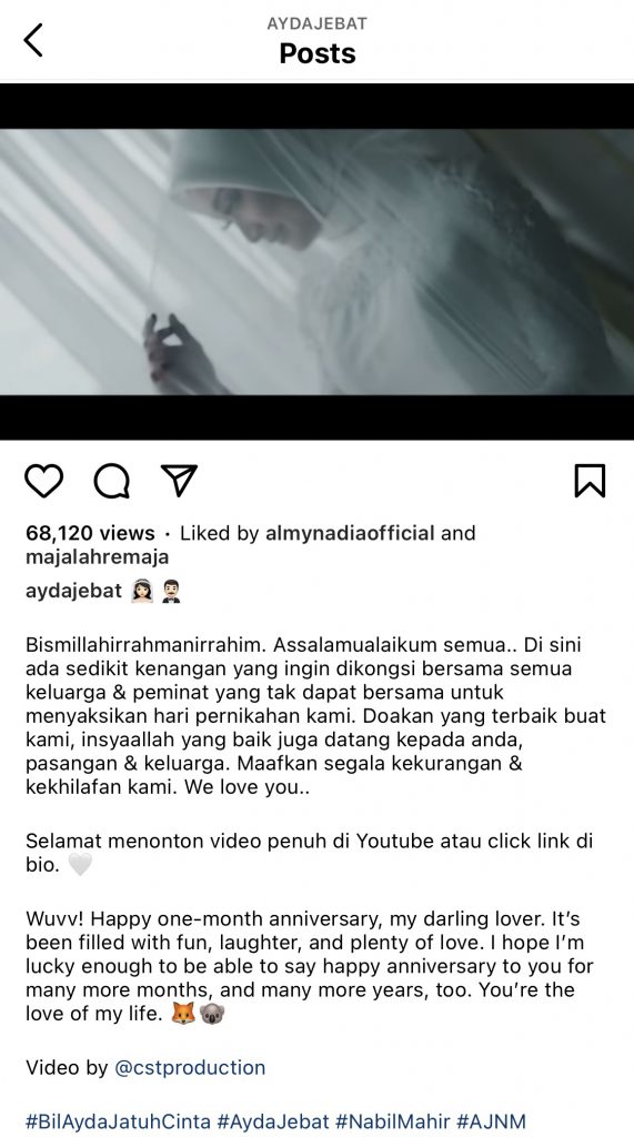 “Maafkan Segala Kekurangan &#038; Kekhilafan Kami,” &#8211; Genap Sebulan Jadi Suami Isteri, Ayda Jebat Bahagia Harmoni Dengan Nabil Mahir, Cinta Sampai Bila-Bila!