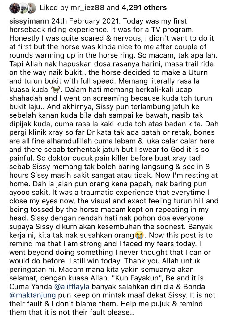 Sissy Imann Alami Kecederaan Waktu Menunggang Kuda – “Allah Nak Hapuskan   Dosa Rasanya Hari Ini…”