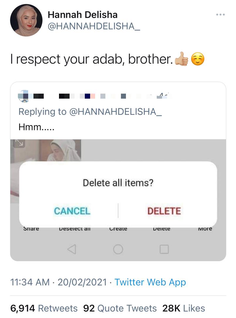 “I Respect Your Adab Brother,” &#8211; Rela Hati Padam Semua Fotonya Dalam Telefon, Hannah Delisha Puji Sikap Individu Ini